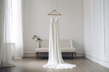 A Wedding Dress Hanging On A Hanger In A Minimalist Studio With Simple Yet Sophisticated Furnishings . Generative AI