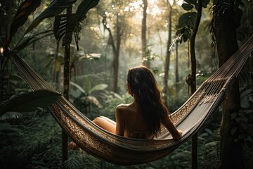 A Woman Meditating In A Hammock, Surrounded By The Gentle Sway Of The Hammock And Nature . Generative AI