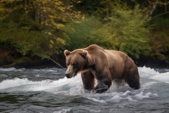 Brown Bear Fishing For Salmon In A Rushing River . Generative AI