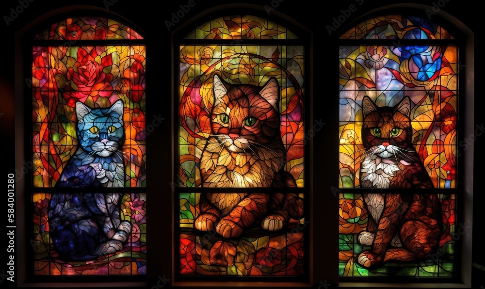 Poster a stained glass window with a cat and a cat sitting on it. generative ai