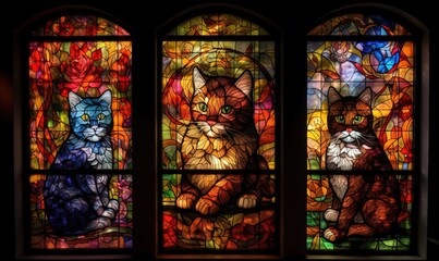  a stained glass window with a cat and a cat sitting on it.  generative ai