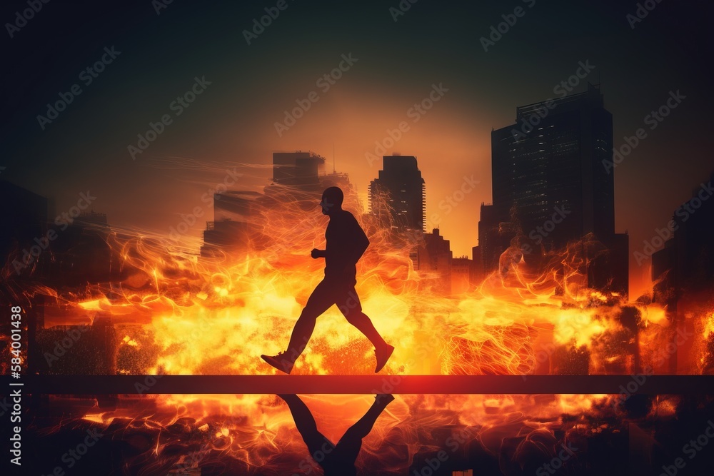 Poster a man running across a bridge in front of a fire. generative ai
