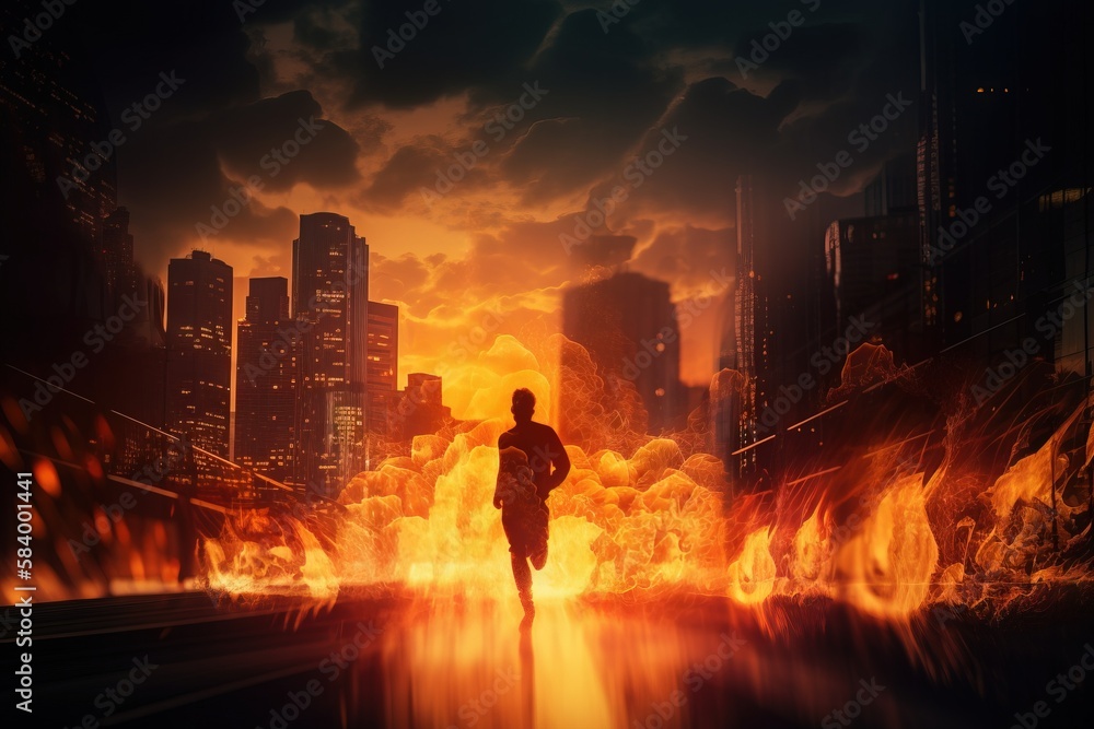 Poster a man running through a city with a lot of fire. generative ai