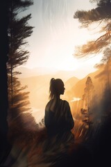  a woman standing in a forest looking out at the sunset.  generative ai