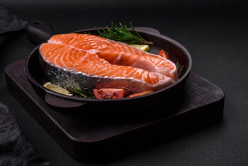 Fresh raw red fish steak with spices and herbs