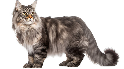 Main coon cat isolated on white transparent background png. Generative AI - obrazy, fototapety, plakaty