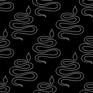 Seamless pattern with snakes illustration in line art style white color on black