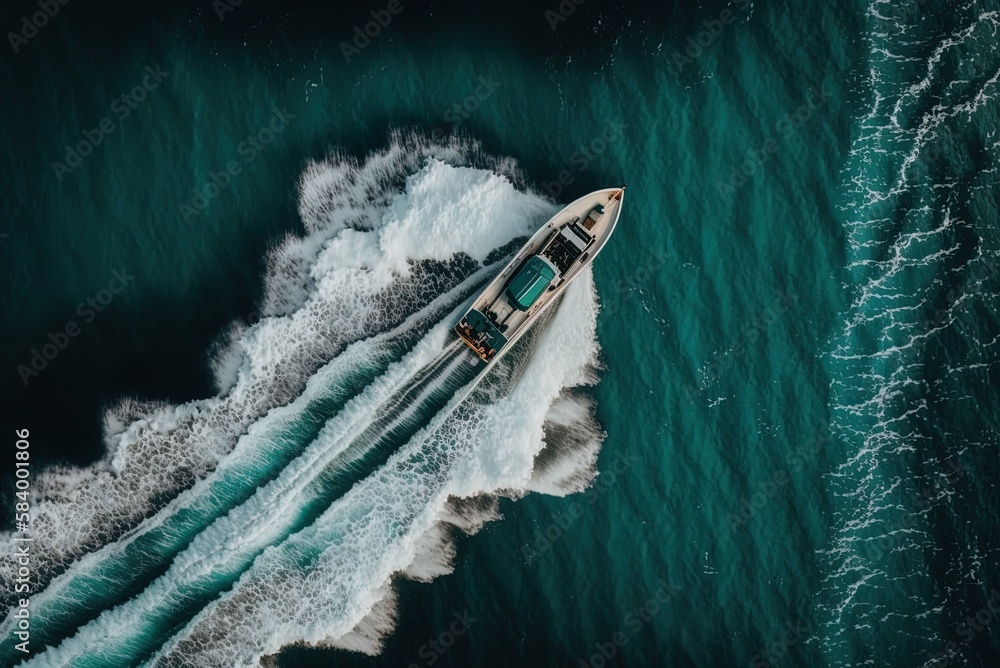 Poster a bird's-eye view of a speedboat making forward progress through the water Generative AI
