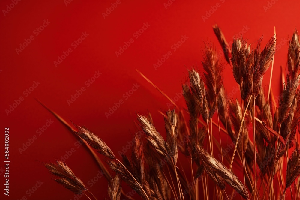 Poster a bunch of dry grass on a red background with a red wall. generative ai