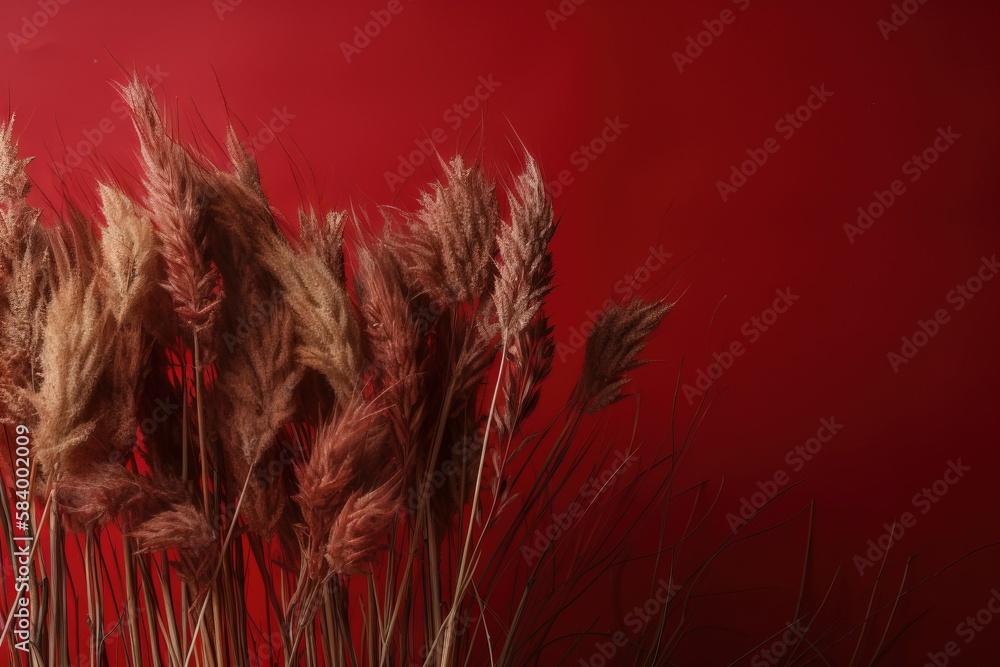 Poster a bunch of dry grass on a red background with a red wall in the background. generative ai