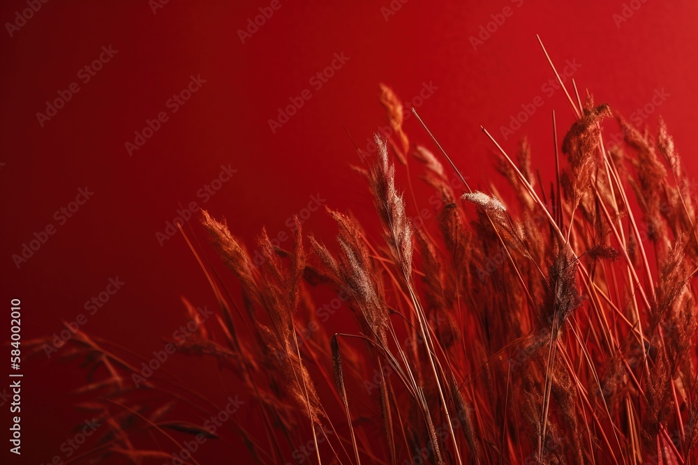 Poster a bunch of brown grass on a red background with a red wall in the background. generative ai