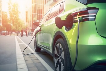  an electric car is charging on the street with a city in the background.  generative ai