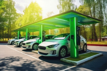  a row of electric cars parked in a parking lot with green lights.  generative ai
