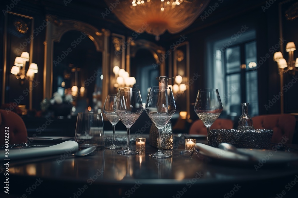 Poster a table with wine glasses and silverware on top of it. generative ai