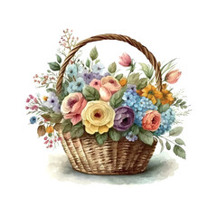 Fototapeta na wymiar Wicker basket with flowers Victorian style. Watercolor