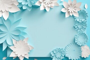 Baby Blue Color Background With A Large Empty Space In The Center, Silhouettes Of Beautiful Origami Flowers On The Edges, Postcard . Generative AI