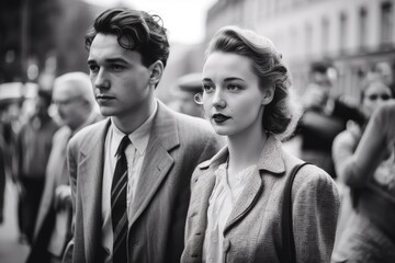 Attractive couple walking in the City in 1945-1950. monochromatic vintage. generative AI