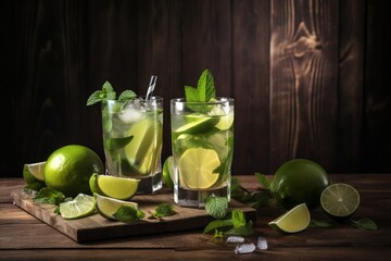  two glasses of mojito with limes and mint.  generative ai