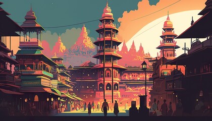 Nepal Kathmandu cityscape . Creative illustration. (Ai Generate) - obrazy, fototapety, plakaty