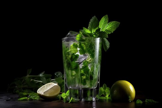  a glass of water with mint and lemon on a table.  generative ai