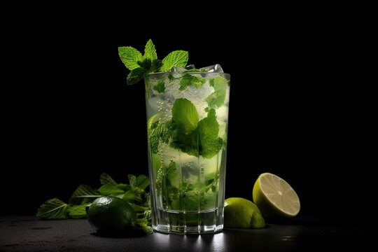  a glass of mojito with limes and mint.  generative ai