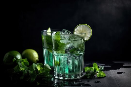 a glass of green liquid with limes and mints.  generative ai