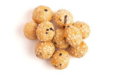 Rice Cracker Ball with Seaweed on a White Background