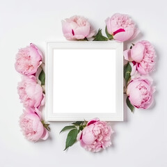 White wooden frame decorated with coral peonies flowers, empty space for text. Generative ai