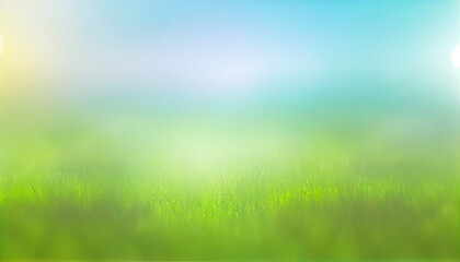 Fototapeta na wymiar Abstract blurred natural background with blurred green grass and blue sky, soft focus, generative AI