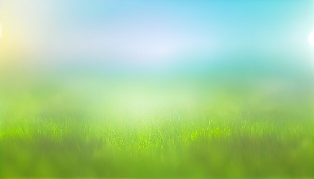 Abstract blurred natural background with blurred green grass and blue sky, soft focus, generative AI