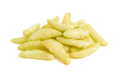 Thin Green Wasabi Rice Crackers on a White Background