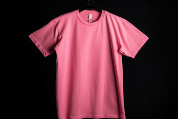  a pink t - shirt hanging on a hanger on a black background.  generative ai