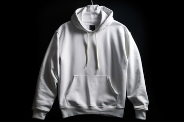  a white hoodie is hanging on a black background with a black background.  generative ai