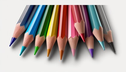 Close up of color pencils isolated on white background. Hyper realistic 3d
