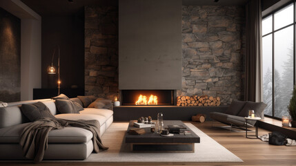 Fototapeta premium Warm and cozy living room with modern contemporary interior design with fireplace, gray concrete stone walls, table, and sofa. Free copy space. Generative AI