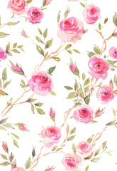 Watercolor vintage garden roses seamless pattern on white