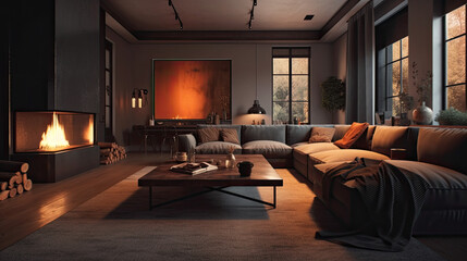 Large and cozy living room interior design with fireplace, gray walls, table, and sofa. Free copy space. Generative AI