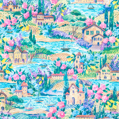Watercolor Italian summer landscape seamless pattern - 584004414