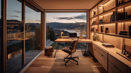 luxury home office with large windows and beautiful sunset views, created by a neural network, Generative AI technology