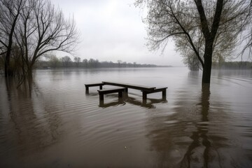 Fototapeta na wymiar Flood in the park with a bench. Generative AI