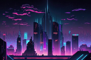 A Futuristic City Skyline With Neon Lights. Generative AI