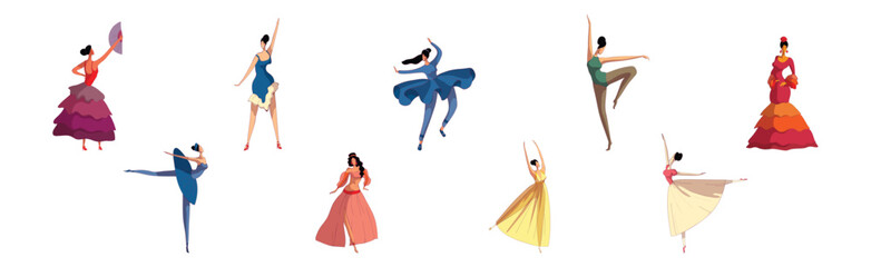 Young Woman Performing Different Folk Dances Moving Gracefully Vector Set