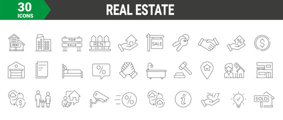 set of 30 line web icons real estate. Included icons such as real estate, mortgage, home loan. Collection of Outline Icons. Vector illustration.