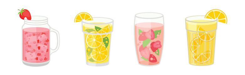 Fresh Refreshing Summer Cocktails with Ice Cubes and Fruits and Berries in Glass and Jar Vector Set