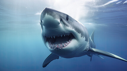 Naklejka premium Great white shark underwater in the deep ocean. Generative AI