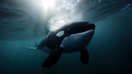 Naklejka premium Orca kasatka underwater in the deep ocean. Generative AI