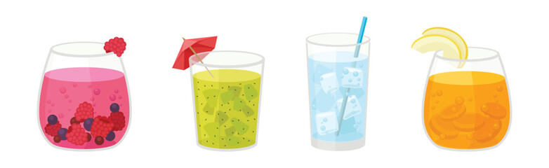 Fresh Refreshing Summer Cocktails with Ice Cubes and Fruits and Berries in Glass with Straw Vector Set
