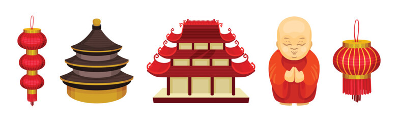 Chinese Culture Symbols with Pagoda Temple and Buddhist Monk Vector Set