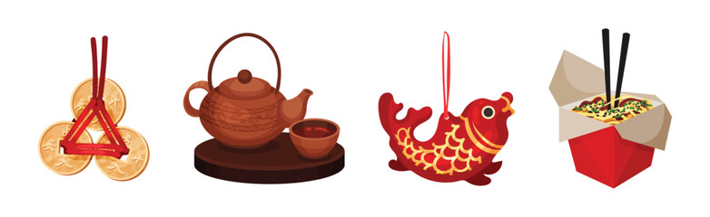 Chinese Culture Symbols with Coin Amulet, Tea, Koi Fish and Noodle in Box Vector Set