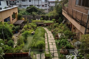 Urban garden between building - Generative AI